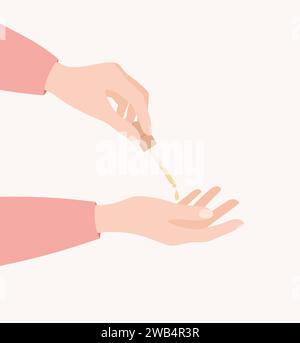 Deux mains féminines avec pipette de sérum visage. Illustration vectorielle plate Illustration de Vecteur