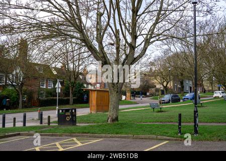 Abri d'arrêt de bus en bois à côté de la commune à Saffron Walden en hiver Banque D'Images