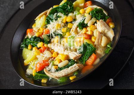 Soupe de poulet et de haricots blancs copieux avec du chou frisé, des carottes, du céleri, du maïs et des pommes de terre dans un bol noir, vue d'angle hollandais, gros plan Banque D'Images