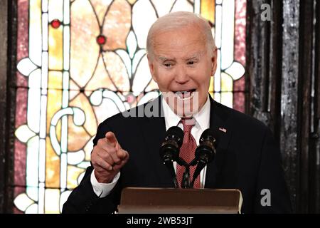 Charleston, États-Unis. 08 janvier 2024. Le président américain Joe Biden prononce une allocution à l'église mère Emanuel AME à Charleston, Caroline du Sud, le lundi 8 janvier 2024. Mère Emanuel est l'endroit où un suprémaciste blanc a abattu neuf adorateurs noirs en 2015. Photo de Richard Ellis/UPI crédit : UPI/Alamy Live News Banque D'Images