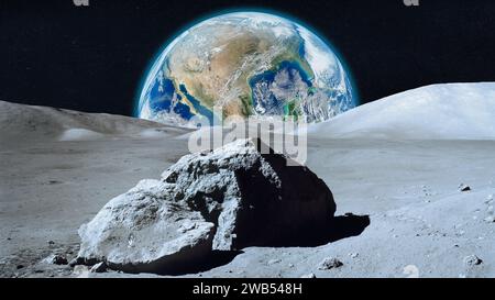 Vue de la Lune sur Terre dans l'espace extra-atmosphérique. Lune et Terre. Éléments de cette image fournis par la NASA. Banque D'Images