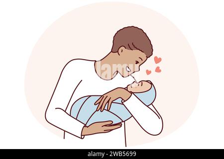 L'homme aimant tient bébé dans les bras et les sourires aiment la communication avec son propre fils. Un jeune père positif avec des cheveux courts est heureux de voir le tot nouveau-né enveloppé dans une couverture. Illustration vectorielle plate Illustration de Vecteur