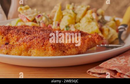 Filets de poulet panés avec salade de pommes de terre. Banque D'Images