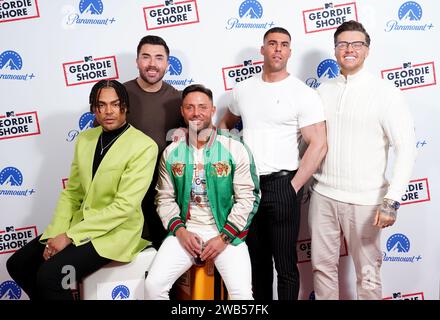 (De gauche à droite) Nathan Henry, James Tindale, Ricci Guarnaccio, Jay Gardner et Kyle Christie assistent à une projection de Geordie Shore à l'hôtel Soho dans le centre de Londres. Date de la photo : lundi 8 janvier 2024. Banque D'Images