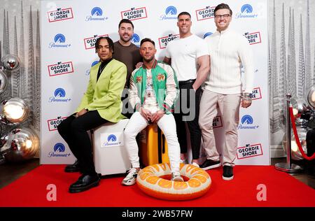 (De gauche à droite) Nathan Henry, James Tindale, Ricci Guarnaccio, Jay Gardner et Kyle Christie assistent à une projection de Geordie Shore à l'hôtel Soho dans le centre de Londres. Date de la photo : lundi 8 janvier 2024. Banque D'Images