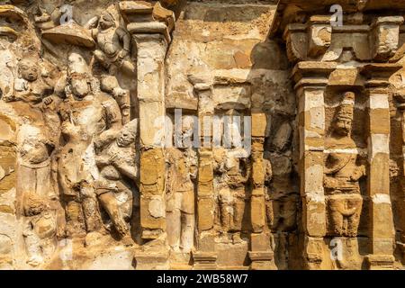 Thiru Parameswara Vinnagaram temple statues d'idole antiques décoration, Kanchipuram, région de Tondaimandalam, Tamil Nadu, Inde du Sud Banque D'Images