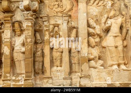 Thiru Parameswara Vinnagaram temple statues d'idole antiques décoration, Kanchipuram, région de Tondaimandalam, Tamil Nadu, Inde du Sud Banque D'Images