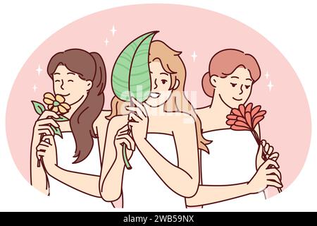 Des femmes heureuses enveloppées de serviettes blanches souriantes après un agréable soin spa et tenant des plantes naturelles. Les filles positives apprécient l'odeur des fleurs après avoir utilisé de bons cosmétiques de douche. Illustration vectorielle plate Illustration de Vecteur