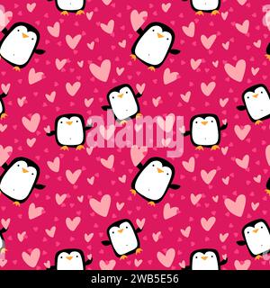 Valentines Hearts Pingouin sans couture et modèle d'amour pour envelopper le papier et les tissus et les draps et les vêtements pour enfants imprimer et emballage festif et fête a Banque D'Images