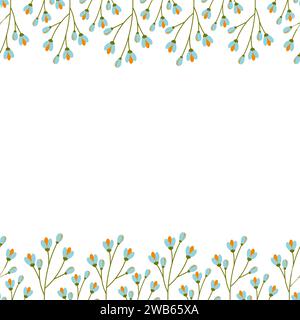 Cadre double face avec bordure supérieure et inférieure de brindilles fleuries. Espace de copie. Concept de design d'été. Isoler. EPS. Modèle vectoriel pour lettrage, cartes, affiches, bannière ou web et d'autres utilisations diverses Illustration de Vecteur