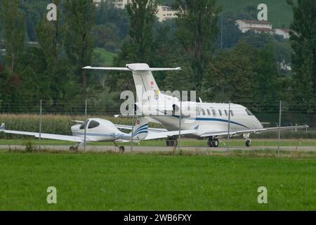 Aéroport d'Altenrhein, Saint-Gall, Suisse, le 12 septembre 2023 un avion HB-VAE Pilatus PC-24 roule sur la piste Banque D'Images