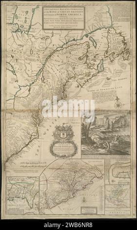 1755 Une nouvelle carte exacte des dominions du roi de Grande-Bretagne sur votre continent de l'Amérique du Nord, contenant Terre-Neuve, le New Scotalnd, la Nouvelle-Angleterre, New York, New Jersey, Pensilvania, Maryland, Virginie et Caroline - commonwea. Banque D'Images