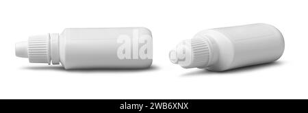 ensemble de flacons de pulvérisation nasale avec étiquette vierge, bouteille en plastique avec des gouttelettes de compression de médicament traiter les allergies, la congestion ou la sinusite, maquette templa Banque D'Images