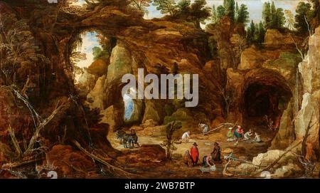 Joos de Momper, Jan Brueghel l'ancien - Paysage rocheux avec des figures par une grotte. Banque D'Images