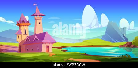 Château de conte de fées avec toit rose et tours sur la rive du lac. Vecteur de dessin animé de paysage d'été fantastique avec roi et palais de princesse près de l'étang et des collines Illustration de Vecteur
