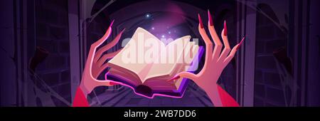 Mains de sorcières avec livre de sorts magiques dans un donjon abandonné. Illustration de dessin animé vectoriel de couloir sombre dans le vieux château médiéval, poussière, toile d'araignée, torches sur Illustration de Vecteur