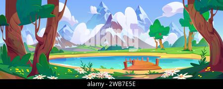 Lac bleu avec jetée en bois et vue sur la montagne. Illustration vectorielle de dessin animé d'arbres forestiers d'été, de fleurs et d'herbe verte dans la vallée, glacier sur neige Illustration de Vecteur