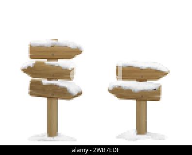 Panneau en bois recouvert de vecteur de dessin animé 3d de neige. Illustration réaliste de divers panneaux de flèches enneigées vierges et bannières avec texture en bois pour Illustration de Vecteur