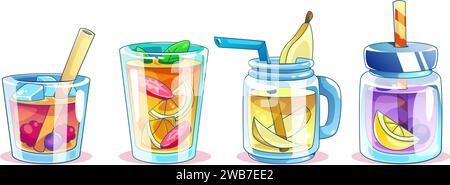 Verres à cocktail ensemble isolé sur fond blanc. Illustration vectorielle de dessin animé de limonade, alcool, boissons de fruits frais avec des morceaux de citron, poire, ra Illustration de Vecteur