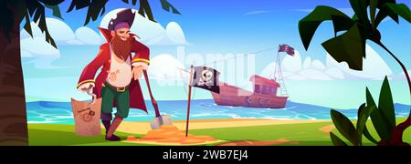 Pirate debout sur la plage avec carte au Trésor sur crochet. Illustration de dessin animé vectoriel de l'homme barbu en costume corsair, drapeau noir Jolly roger et pelle dans s Illustration de Vecteur