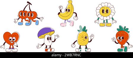 Personnages de dessins animés groovy rétro de fruits et de fleurs. Ensemble vectoriel de Marguerite et champignon mignon, banane et fraise, cerise et ananas, cœur avec des émotions de visage drôles et des poses pour le design vintage. Illustration de Vecteur