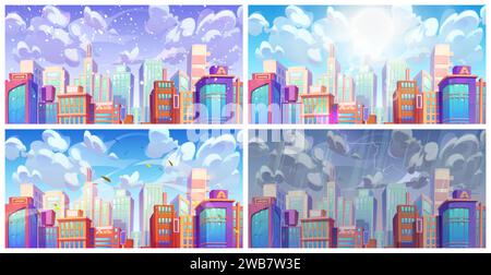 Paysage du centre-ville de ville de dessin animé avec des bâtiments modernes de gratte-ciel dans quatre saisons météorologiques différentes - journée ensoleillée, neige d'hiver, tempête de tonnerre avec pluie et foudre, vent avec des feuilles volantes. Illustration de Vecteur