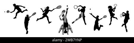 Silhouettes de sportifs hommes, femmes joueuses de tennis. Illustration de Vecteur