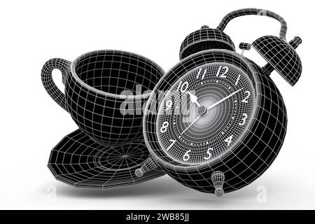 Réveil vintage avec tasse à café en céramique sur fond vert. 3d le concept de rendu des couches de lignes visibles et invisibles est séparé, des éléments filaires Banque D'Images