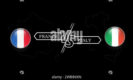 France vs Italie dans le tournoi de rugby tour 2, drapeau de pays en forme de cercle et carte du pays sur fond noir. Modèle vectoriel. Illustration de Vecteur