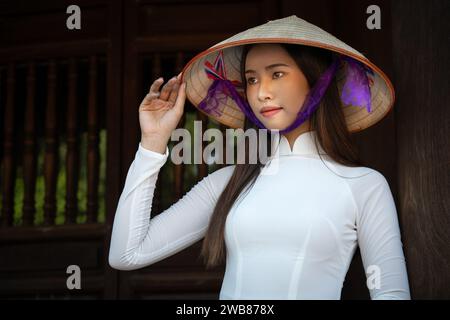 Portrait d'une belle femme en robe traditionnelle vietnamienne Ao Dai au Temple de la littérature, Hanoi, Vietnam Banque D'Images