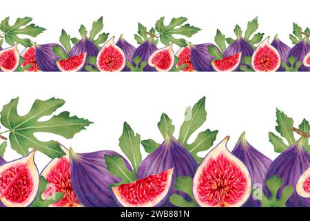 Bordure de figue sans couture aux fruits. Moitiés, entières, morceaux de figues violettes avec des feuilles. Marqueur dessiné à la main et illustration aquarelle. Bannière ou cadre horizontal Banque D'Images