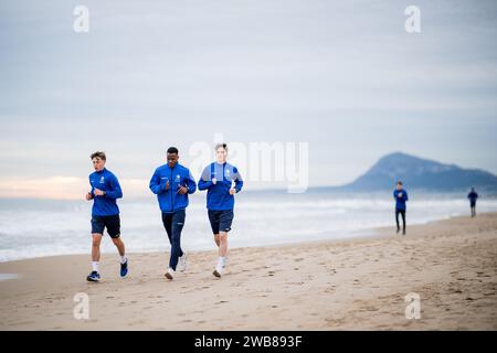 Oliva, Espagne. 09 janvier 2024. Les joueurs de Gent photographiés en action lors du camp d'entraînement hivernal de l'équipe belge de football KAA Gent, à Oliva, Espagne, mardi 09 janvier 2024. BELGA PHOTO JASPER JACOBS crédit : Belga News Agency/Alamy Live News Banque D'Images