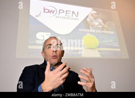 Louvain la Neuve, Belgique. 09 janvier 2024. Christophe Dister photographié lors d’une conférence de presse pour présenter la deuxième édition du tournoi de tennis Challenger BW Open (22-28/01), à Louvain-la-Neuve, mardi 09 janvier 2024. BELGA PHOTO ERIC LALMAND crédit : Belga News Agency/Alamy Live News Banque D'Images