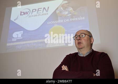 Louvain la Neuve, Belgique. 09 janvier 2024. Vincent Stavaux photographié lors d’une conférence de presse pour présenter la deuxième édition du tournoi de tennis Challenger BW Open (22-28/01), à Louvain-la-Neuve, mardi 09 janvier 2024. BELGA PHOTO ERIC LALMAND crédit : Belga News Agency/Alamy Live News Banque D'Images