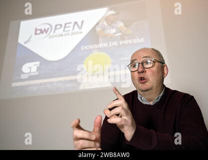 Louvain la Neuve, Belgique. 09 janvier 2024. Vincent Stavaux photographié lors d’une conférence de presse pour présenter la deuxième édition du tournoi de tennis Challenger BW Open (22-28/01), à Louvain-la-Neuve, mardi 09 janvier 2024. BELGA PHOTO ERIC LALMAND crédit : Belga News Agency/Alamy Live News Banque D'Images