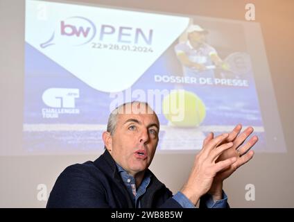 Louvain la Neuve, Belgique. 09 janvier 2024. Christophe Dister photographié lors d’une conférence de presse pour présenter la deuxième édition du tournoi de tennis Challenger BW Open (22-28/01), à Louvain-la-Neuve, mardi 09 janvier 2024. BELGA PHOTO ERIC LALMAND crédit : Belga News Agency/Alamy Live News Banque D'Images