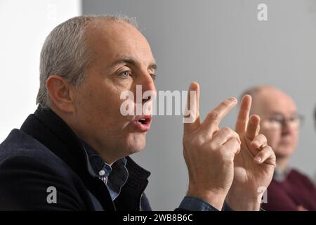 Louvain la Neuve, Belgique. 09 janvier 2024. Christophe Dister photographié lors d’une conférence de presse pour présenter la deuxième édition du tournoi de tennis Challenger BW Open (22-28/01), à Louvain-la-Neuve, mardi 09 janvier 2024. BELGA PHOTO ERIC LALMAND crédit : Belga News Agency/Alamy Live News Banque D'Images