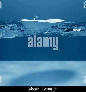 tube de bain flottant sur l'eau illustration 3d. Banque D'Images