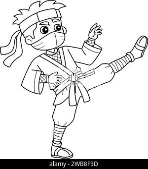 Ninja faisant la page de coloriage isolée d'Arts martiaux Illustration de Vecteur