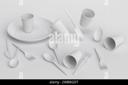 Ensemble d'ustensiles jetables comme assiette, folk, cuillère, couteau et tasse sur fond monochrome. 3d rendre le concept de sauver la terre et de zéro déchet Banque D'Images