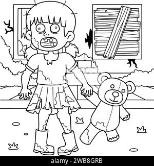 Enfant zombie avec Plushie Coloriage page pour les enfants Illustration de Vecteur