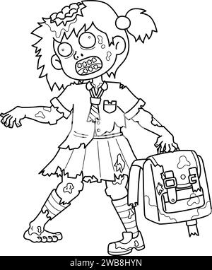 Page de coloriage isolée de fille d'école de zombie pour les enfants Illustration de Vecteur