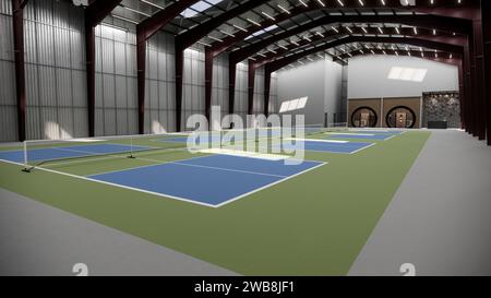 terrain de pickleball intérieur à l'intérieur du bâtiment de l'entrepôt avec la couleur verte et bleue Banque D'Images