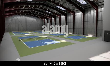 terrain de pickleball intérieur à l'intérieur du bâtiment de l'entrepôt avec la couleur verte et bleue Banque D'Images