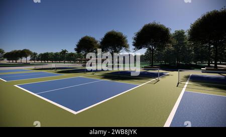 Visualisation d'architecture de paysage de rendu de terrain de pickleball extérieur 3D. Banque D'Images