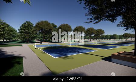 Visualisation d'architecture de paysage de rendu de terrain de pickleball extérieur 3D. Banque D'Images