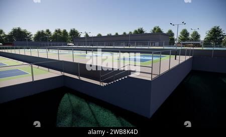 Visualisation d'architecture de paysage de rendu de terrain de pickleball extérieur 3D. Banque D'Images