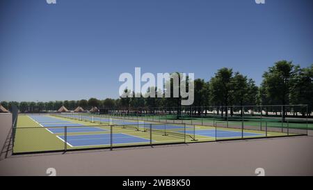 Visualisation d'architecture de paysage de rendu de terrain de pickleball extérieur 3D. Banque D'Images