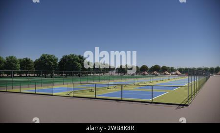 Visualisation d'architecture de paysage de rendu de terrain de pickleball extérieur 3D. Banque D'Images