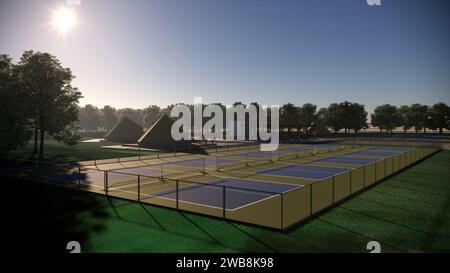 Visualisation d'architecture de paysage de rendu de terrain de pickleball extérieur 3D. Banque D'Images